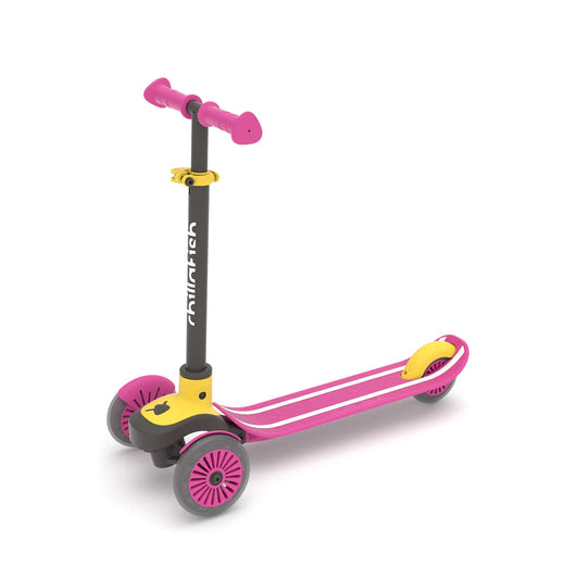 Pink and yellow scooter with visible brand logo on a white background