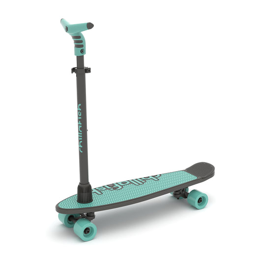 Teal and black scooter with a stand on a white background