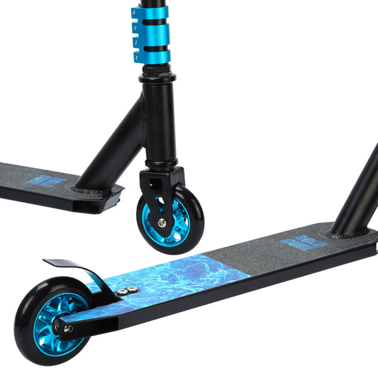 Black scooter with blue wheels on a white background