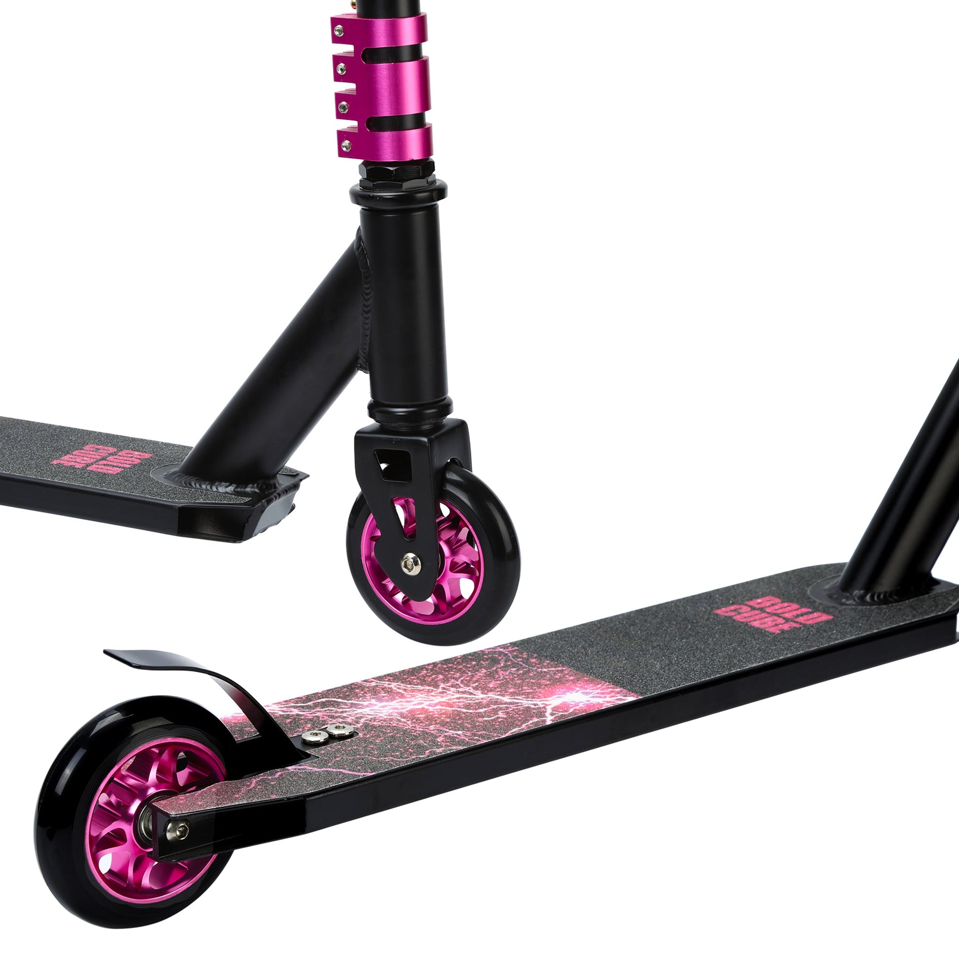 Black scooter with pink wheels on a white background