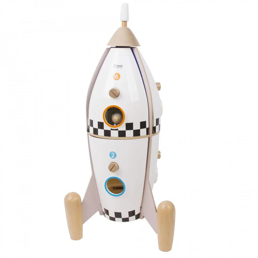 Toy rocket ship with checkered design on a white background