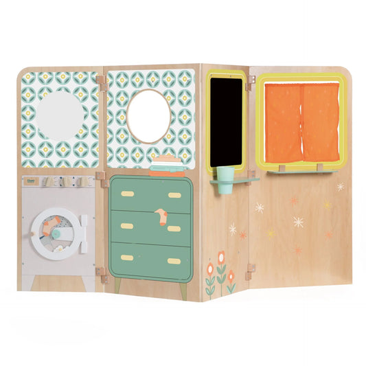 Children's play kitchen set with various compartments and colorful designs on a white background
