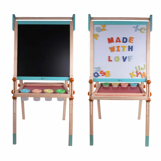 Wooden children's art easel with blackboard and whiteboard, plus paint pots and brushes.