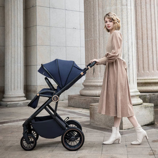Woman pushing a black stroller with a navy blue canopy in an urban setting.