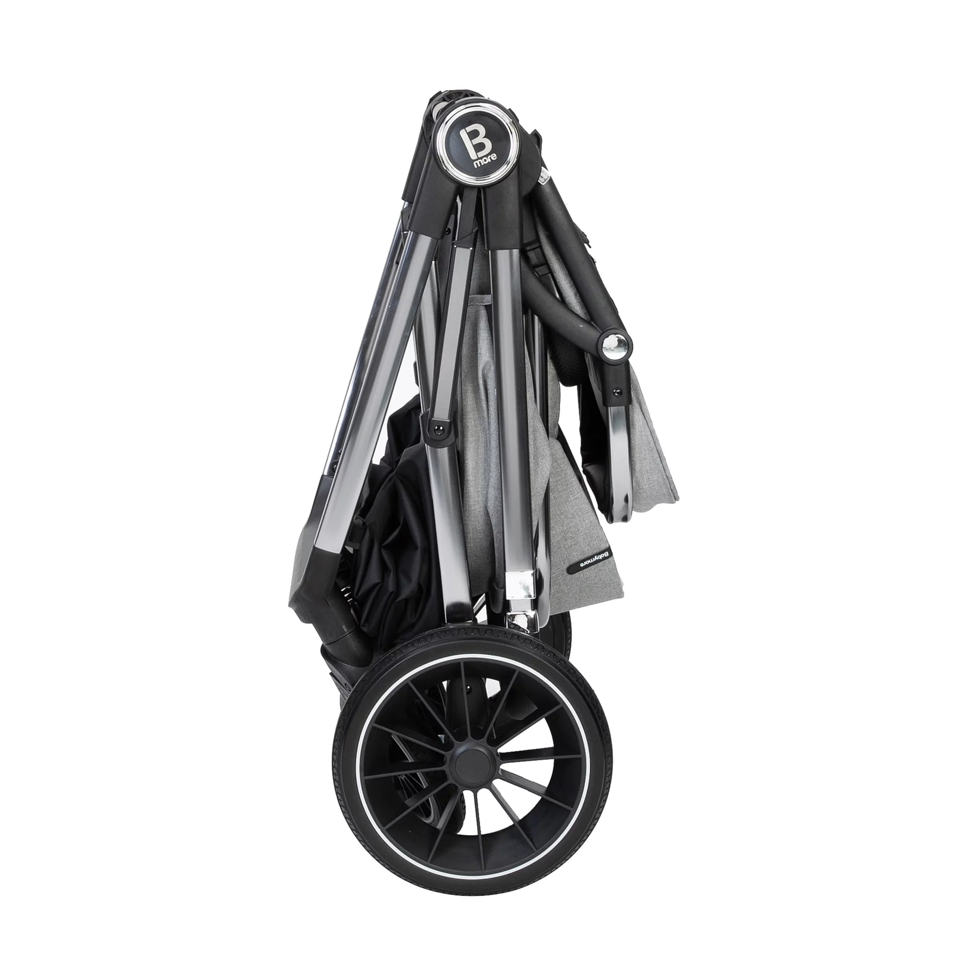 Folded baby stroller with brand logo on a white background