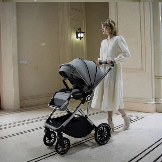 Woman pushing a stroller in an elegant interior setting