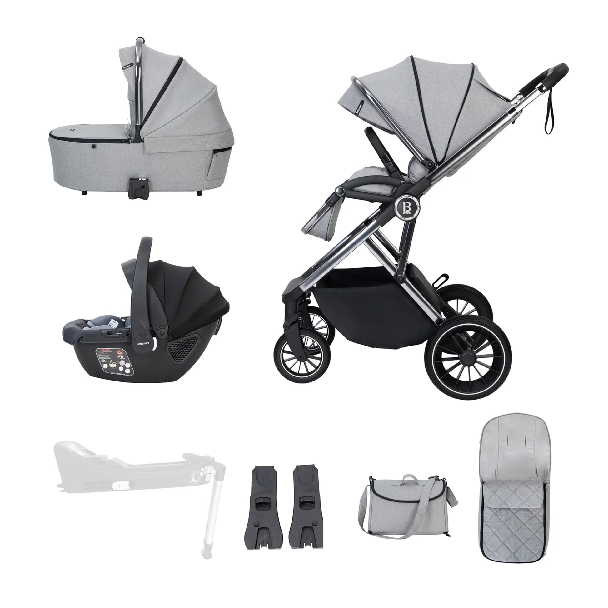 Collection of baby stroller and related accessories on a white background