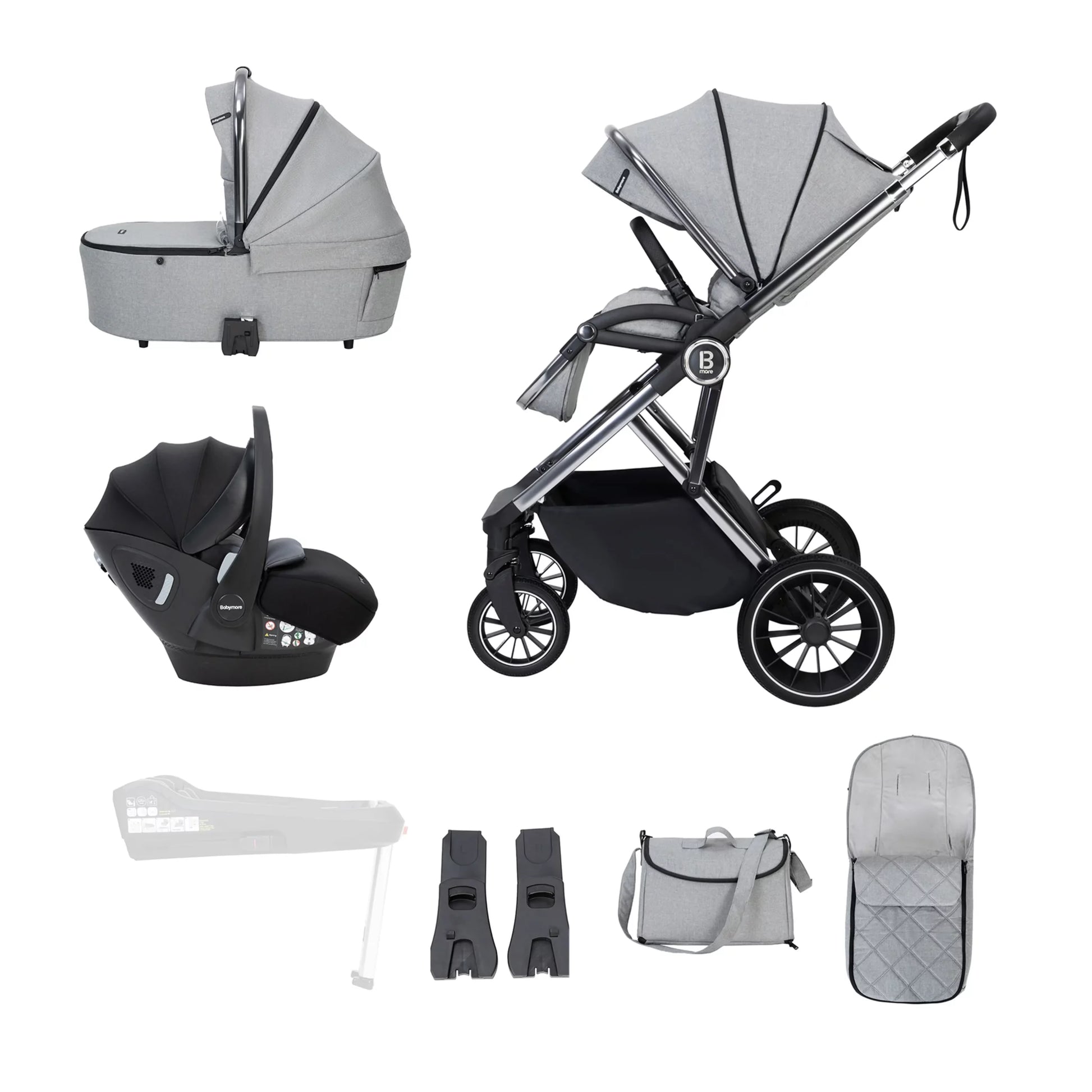 Collection of baby stroller and related accessories on a white background
