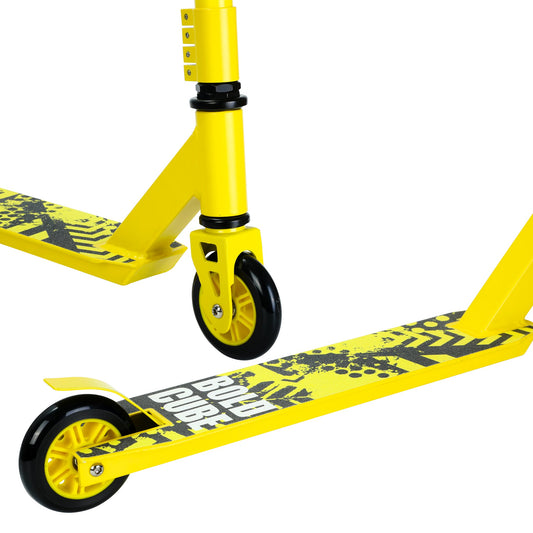 Yellow scooter with black text on a white background