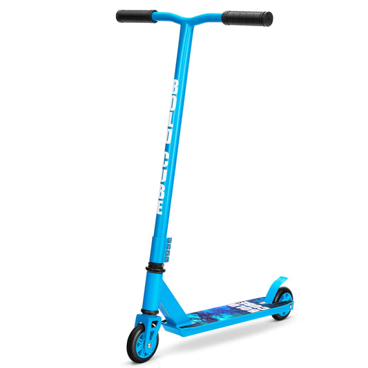 Blue scooter with black handlebar on a white background