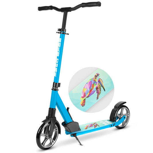 Blue scooter with a colorful turtle design on a white background