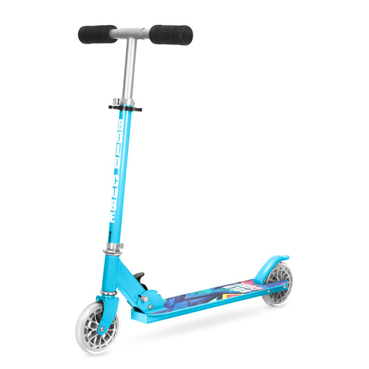 Blue scooter with black handlebar on a white background