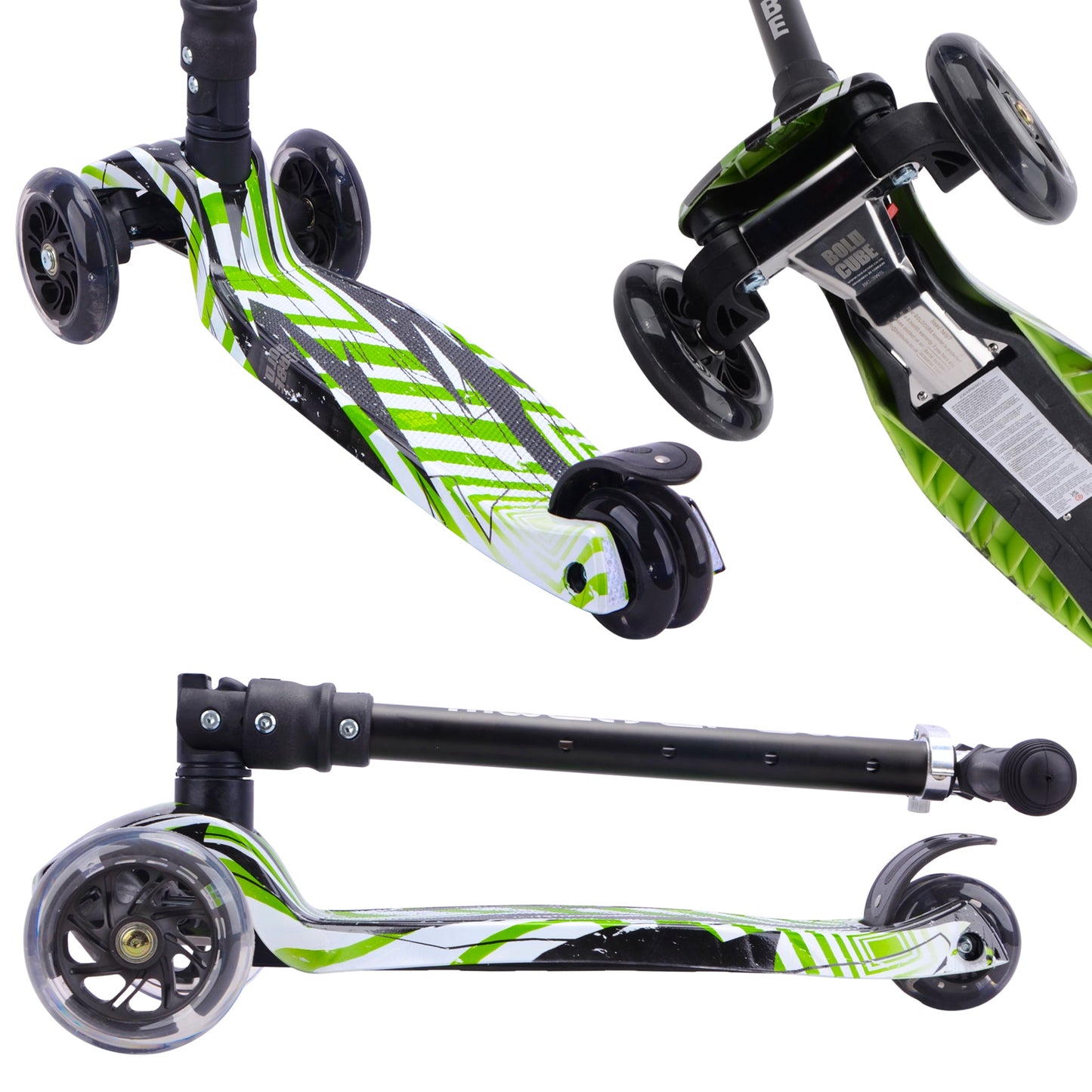 Green and white scooter with black accents on a white background