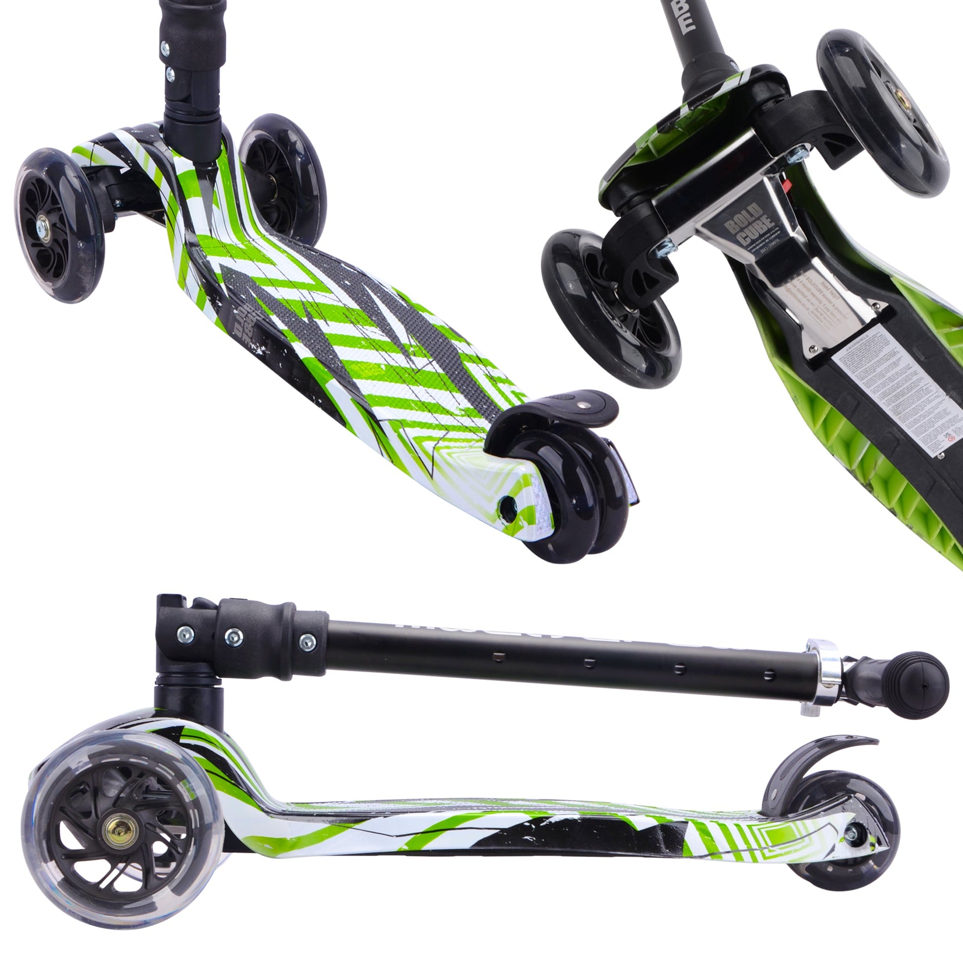 Green and white scooter with black accents on a white background