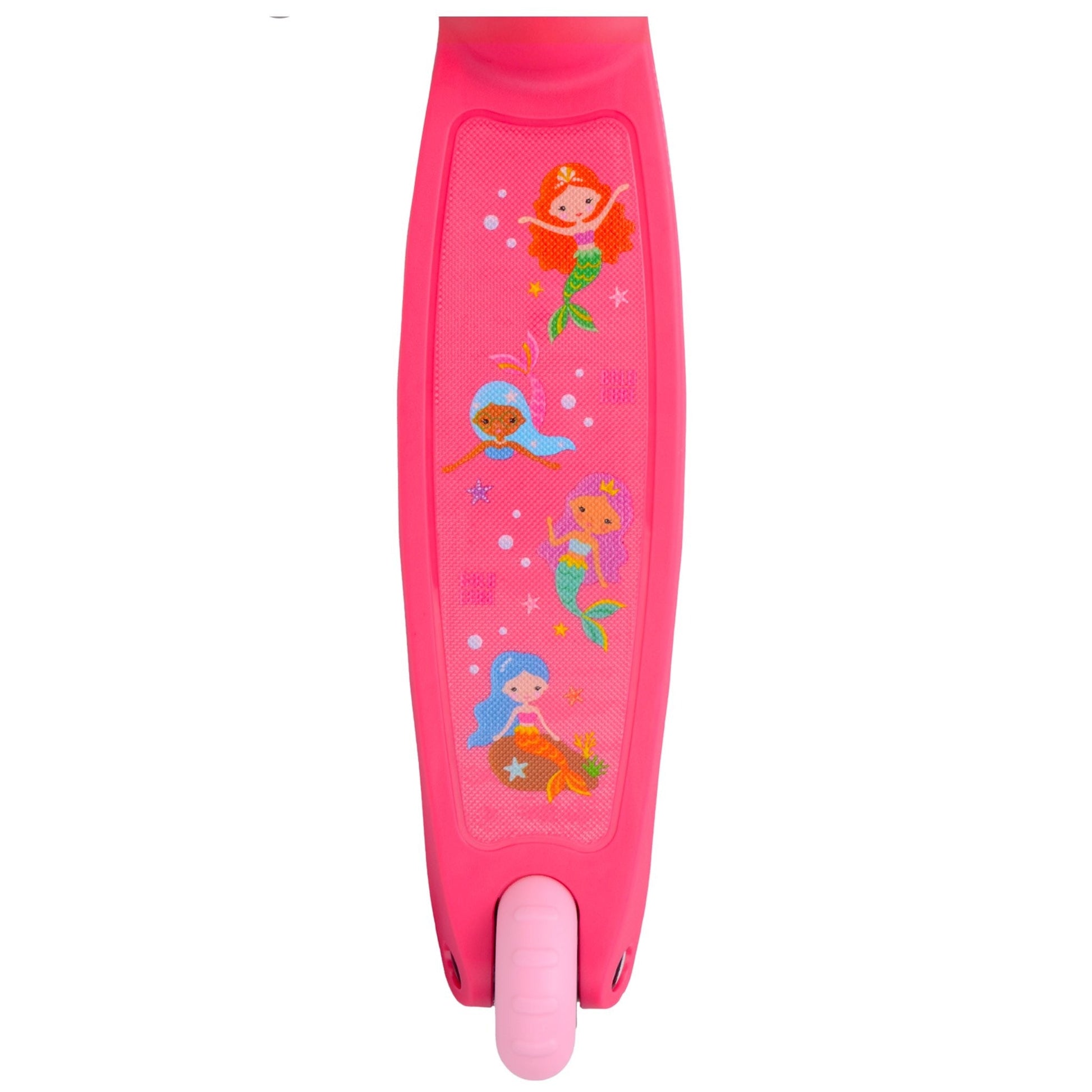 Pink children's scooter with mermaid illustrations on a white background
