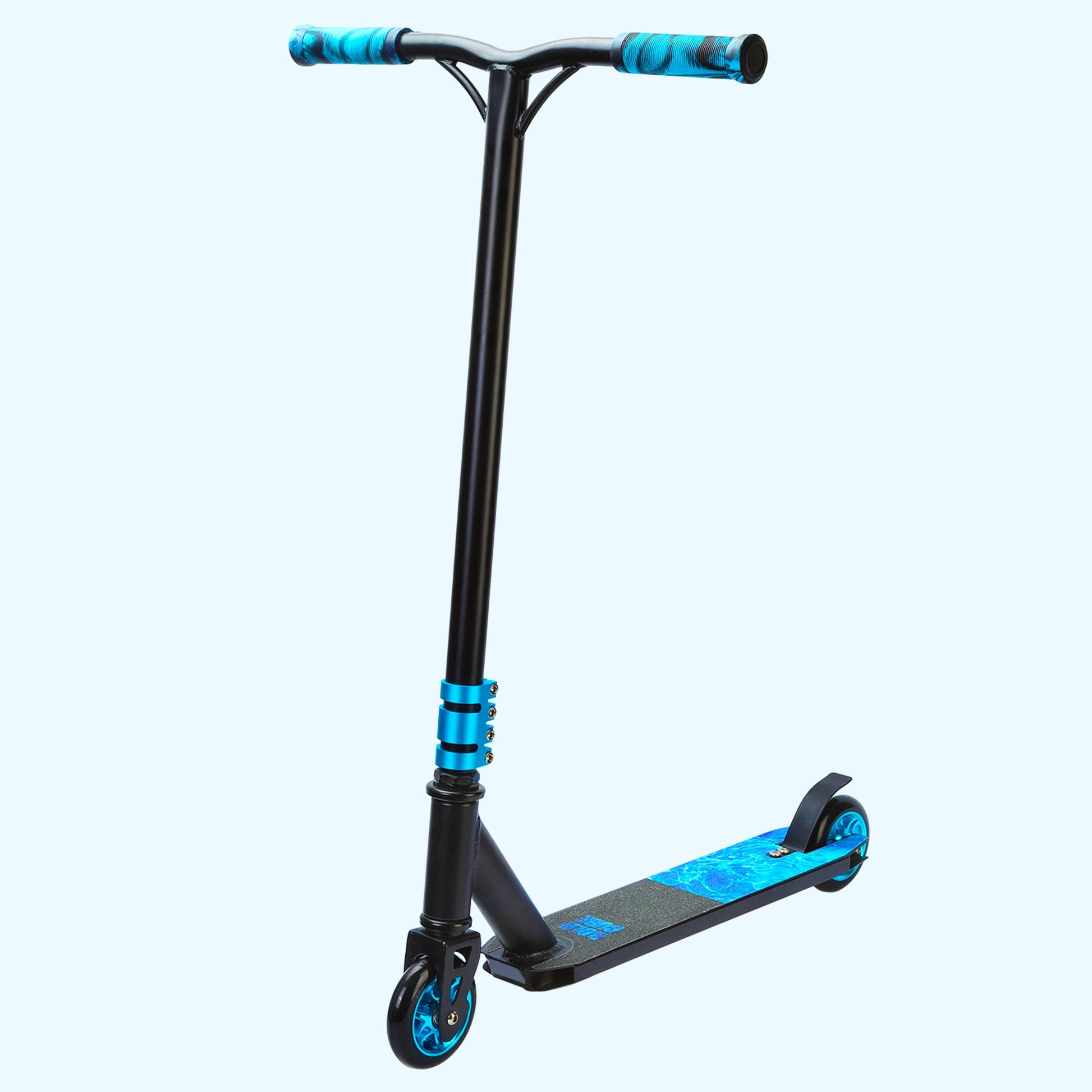 Black and blue scooter on a white background
