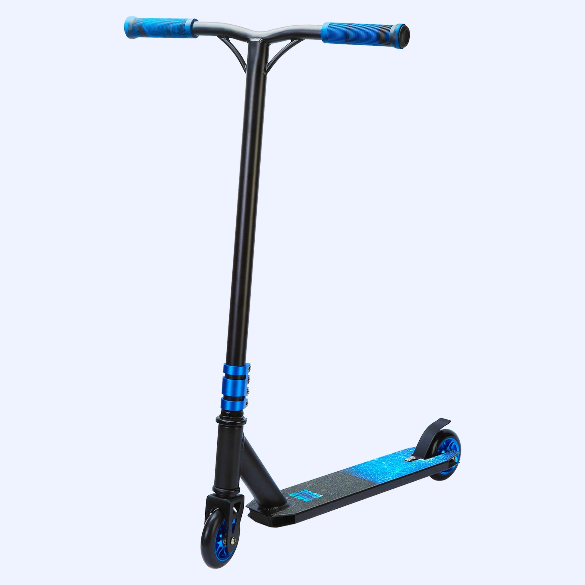 Black and blue scooter on a white background