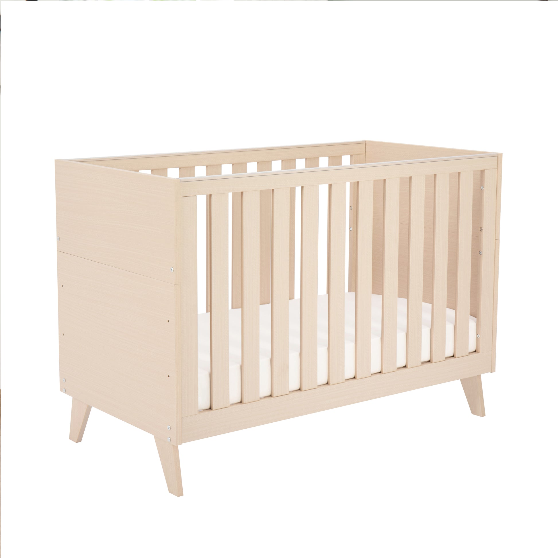 Natural wood cot with white mattress on a white background