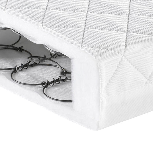 Close-up of a white quilted mattress cover with coils peeking out from underneath.