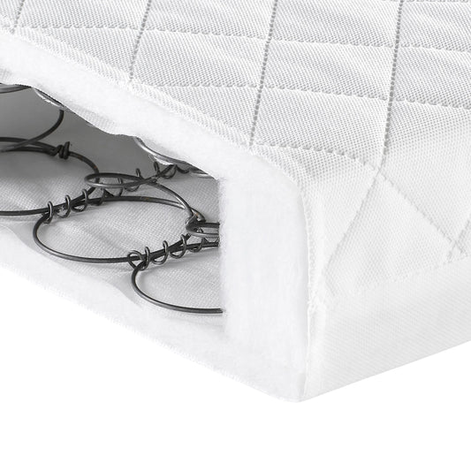 Close-up of a white quilted mattress cover with coils peeking through.