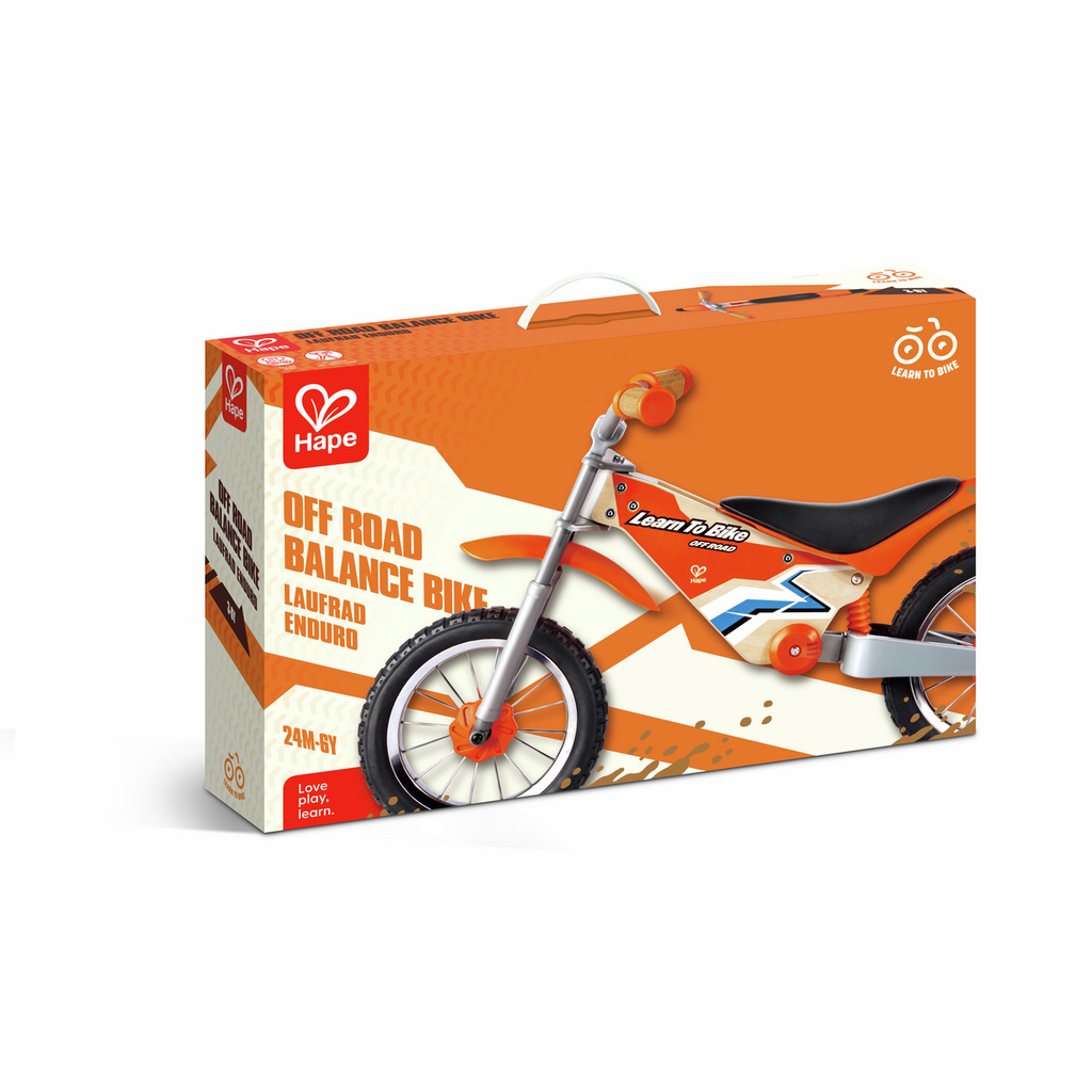 Box of Hape off-road balance bike on a white background