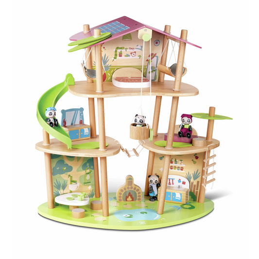 Wooden toy treehouse with multiple levels and panda figures on a white background