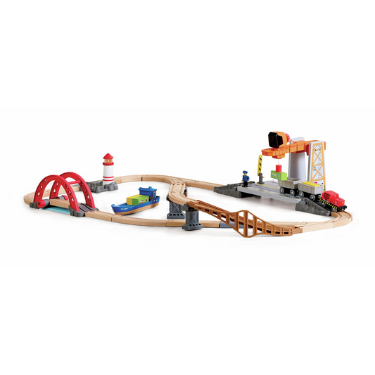 Wooden train toy set up with cargo
