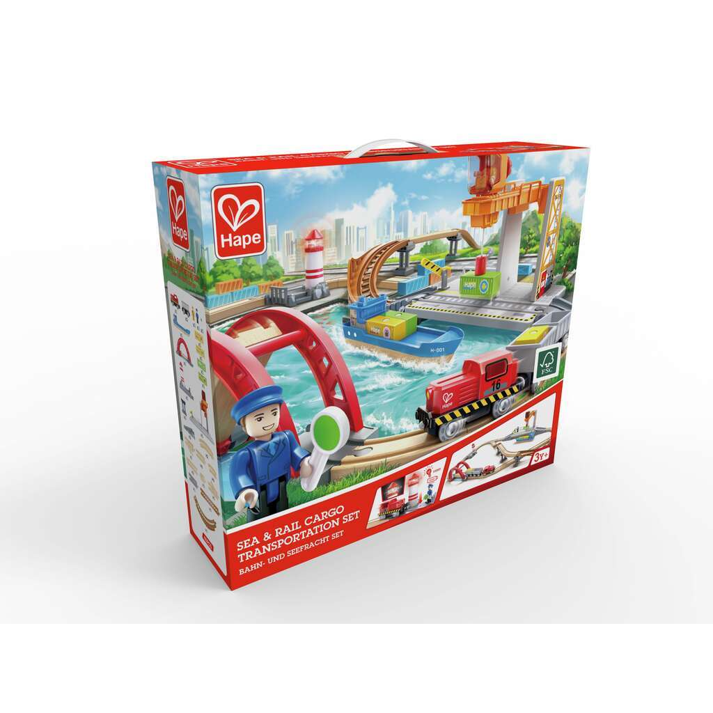 Hape Sea & Rail Cargo Transportation Set packaging on a white background