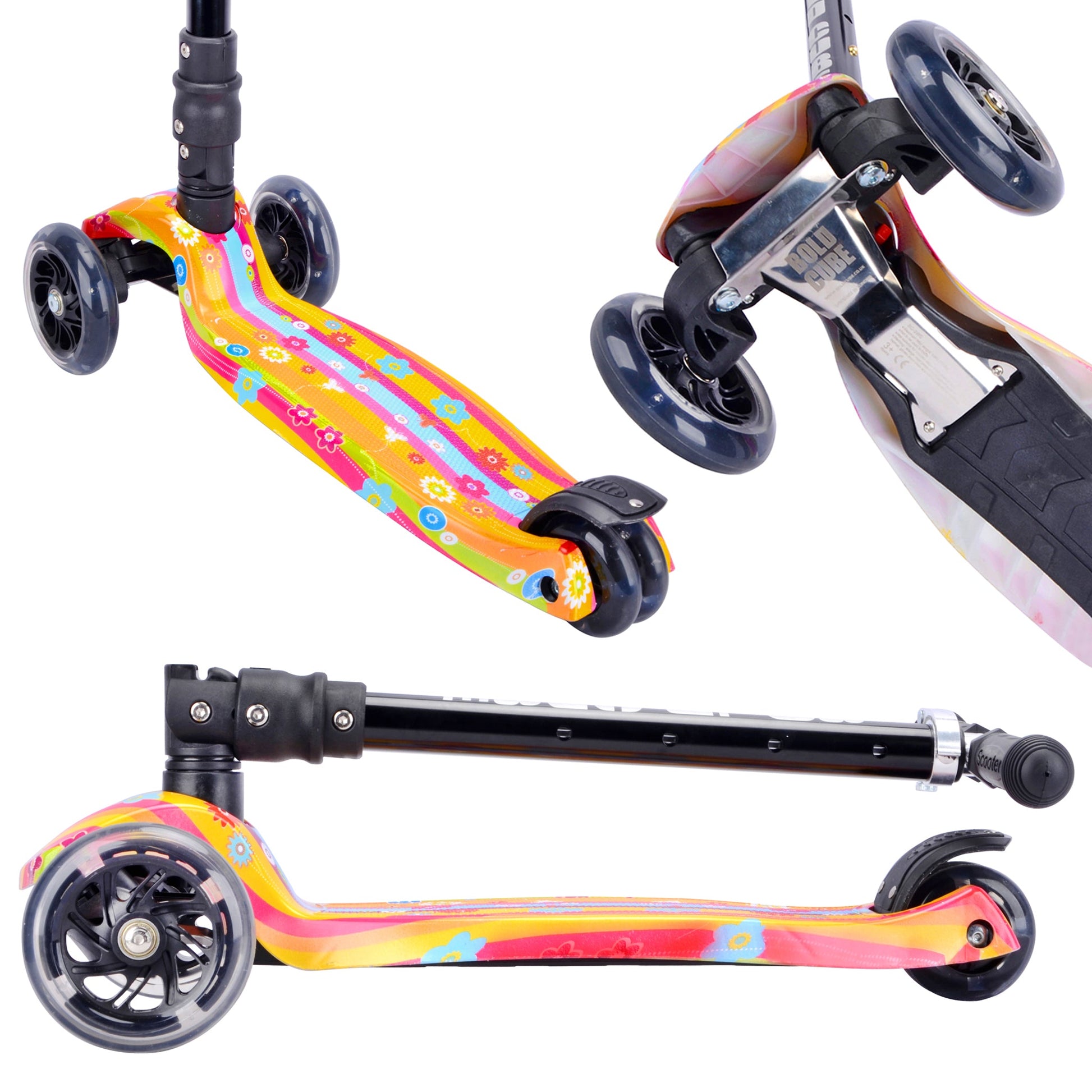 Colorful scooter with detachable front wheel on a white background