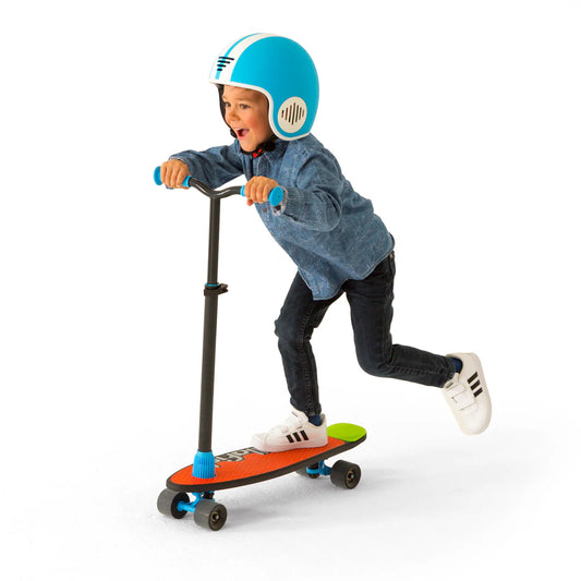 Child riding a scooter with a helmet on a white background