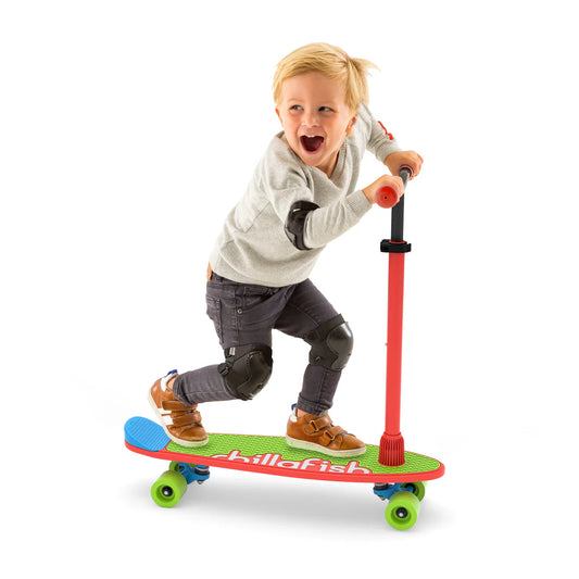 Child riding a colorful scooter with a white background