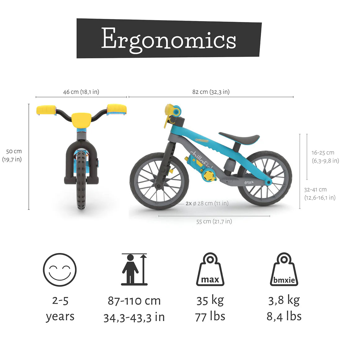 Measurement chart for a children's balance bike with dimensions, weight, and age range information.
