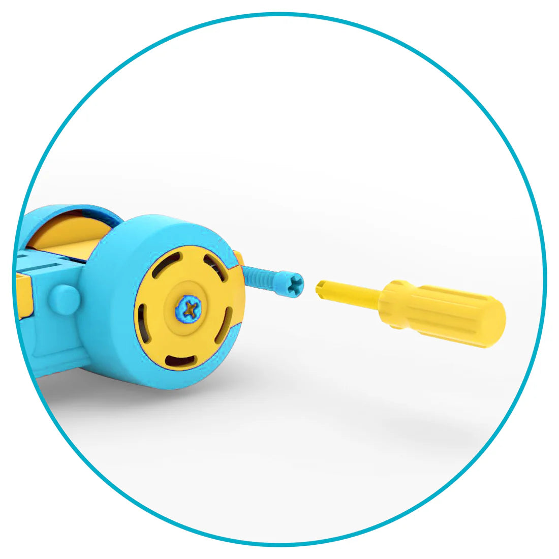 Toy drill with a yellow drill bit on a white background