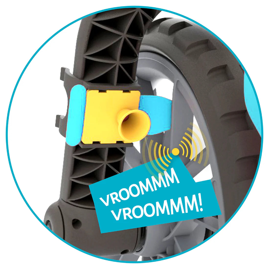 Close-up of a toy car wheel with a 'Vroom' sound effect label.