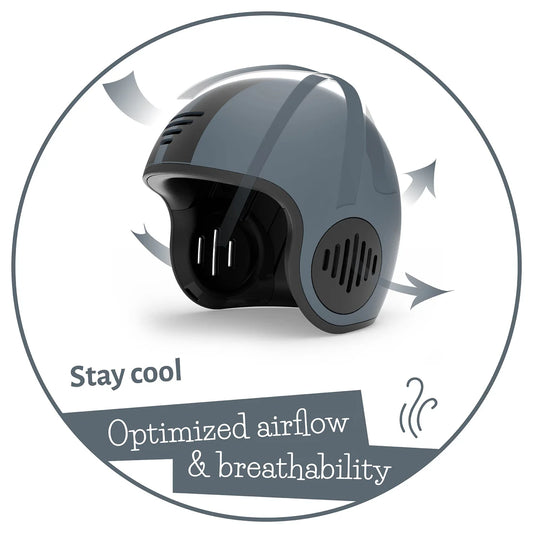 Gray helmet with text 'Stay cool, optimized airflow & breathability' on a white background