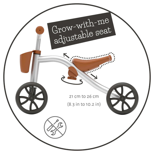 Diagram of a tricycle with an adjustable seat, showing measurement range.