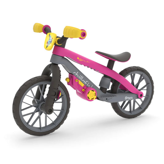 Pink and gray balance bike with yellow accents on a white background