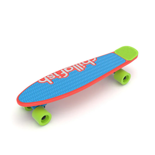 Colorful skateboard with a blue deck, red rim, and green wheels on a white background