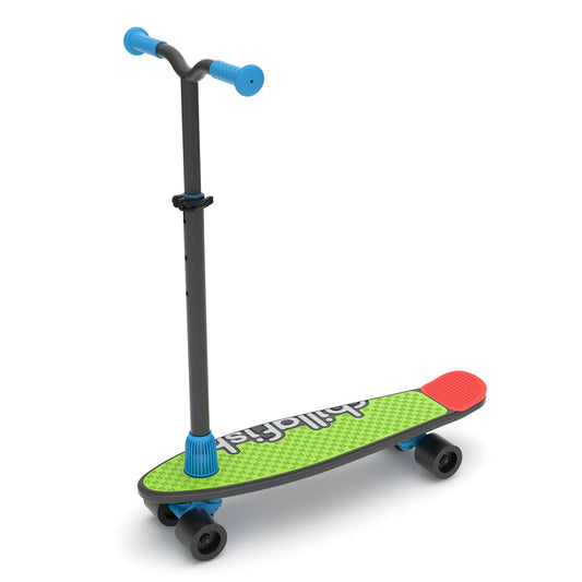 Children's scooter with green deck and red front wheel on a white background