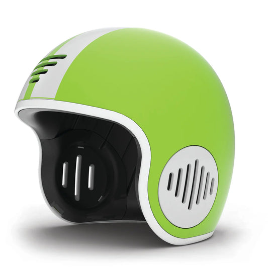 Green and white helmet with black interior on a white background