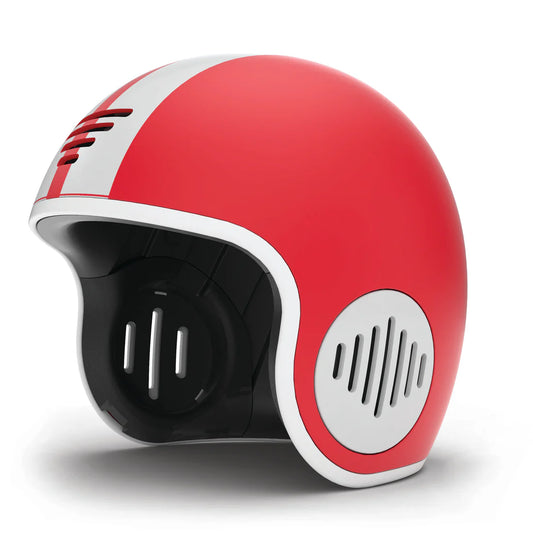 Red and white helmet with a black interior on a white background