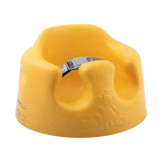 Yellow children's seat with a gray strap on a white background