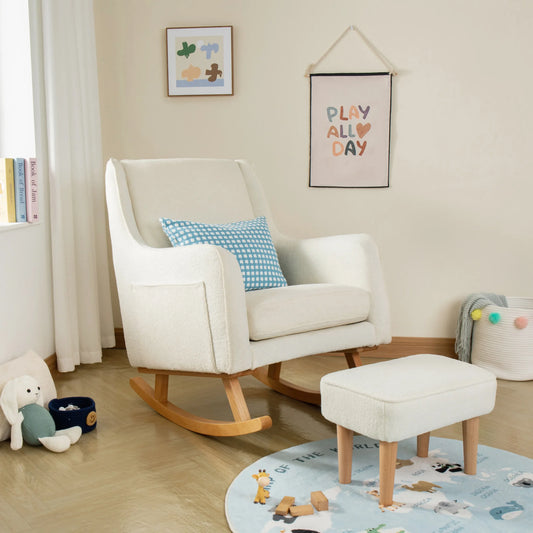 White rocking chair with a blue checkered pillow in a child's room with toys and posters on the wall.
