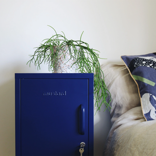 Blue cabinet with a plant and decorative pillow on a bed