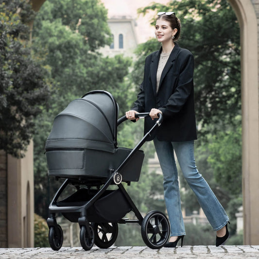 Woman pushing a stroller in an outdoor setting with trees and buildings in the background