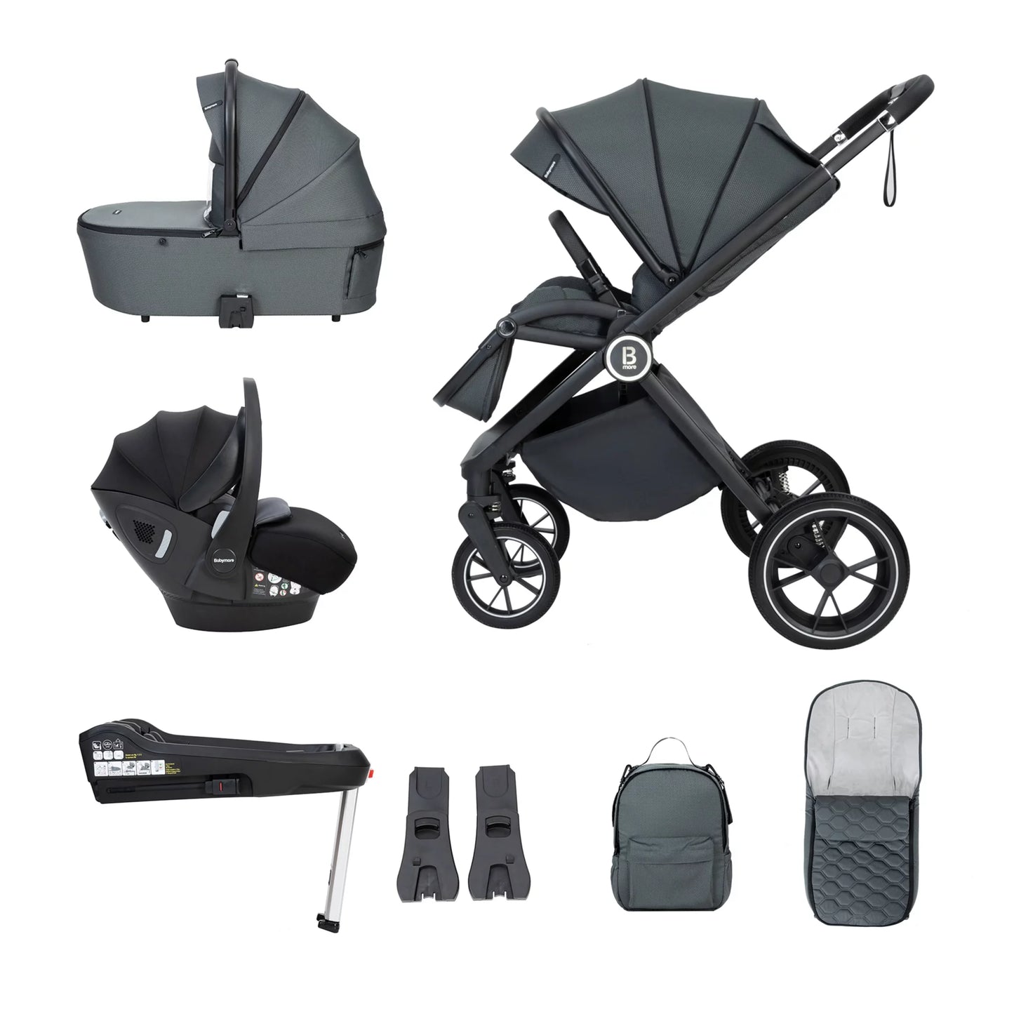 Collection of baby stroller and car seat accessories on a white background