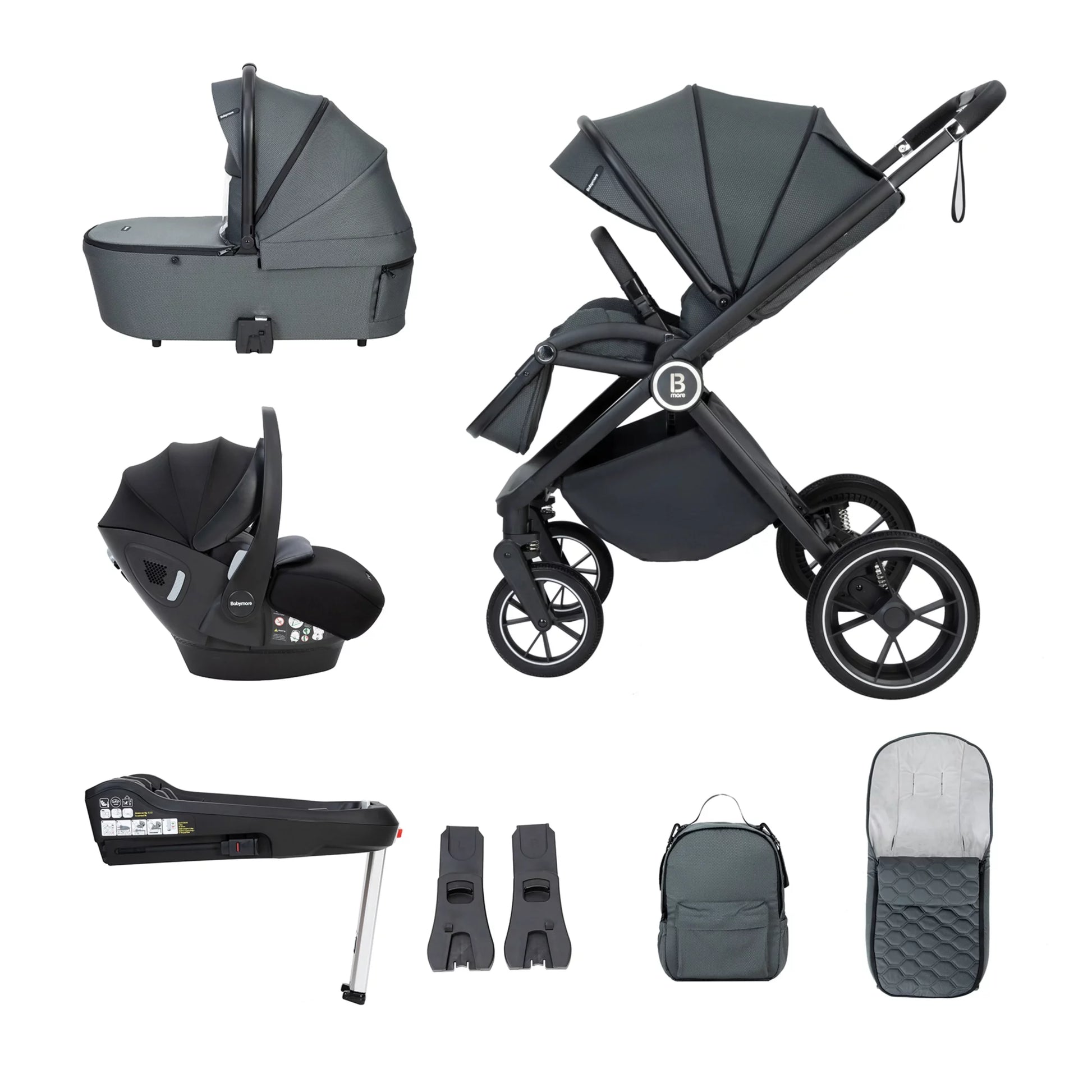 Collection of baby stroller and car seat accessories on a white background
