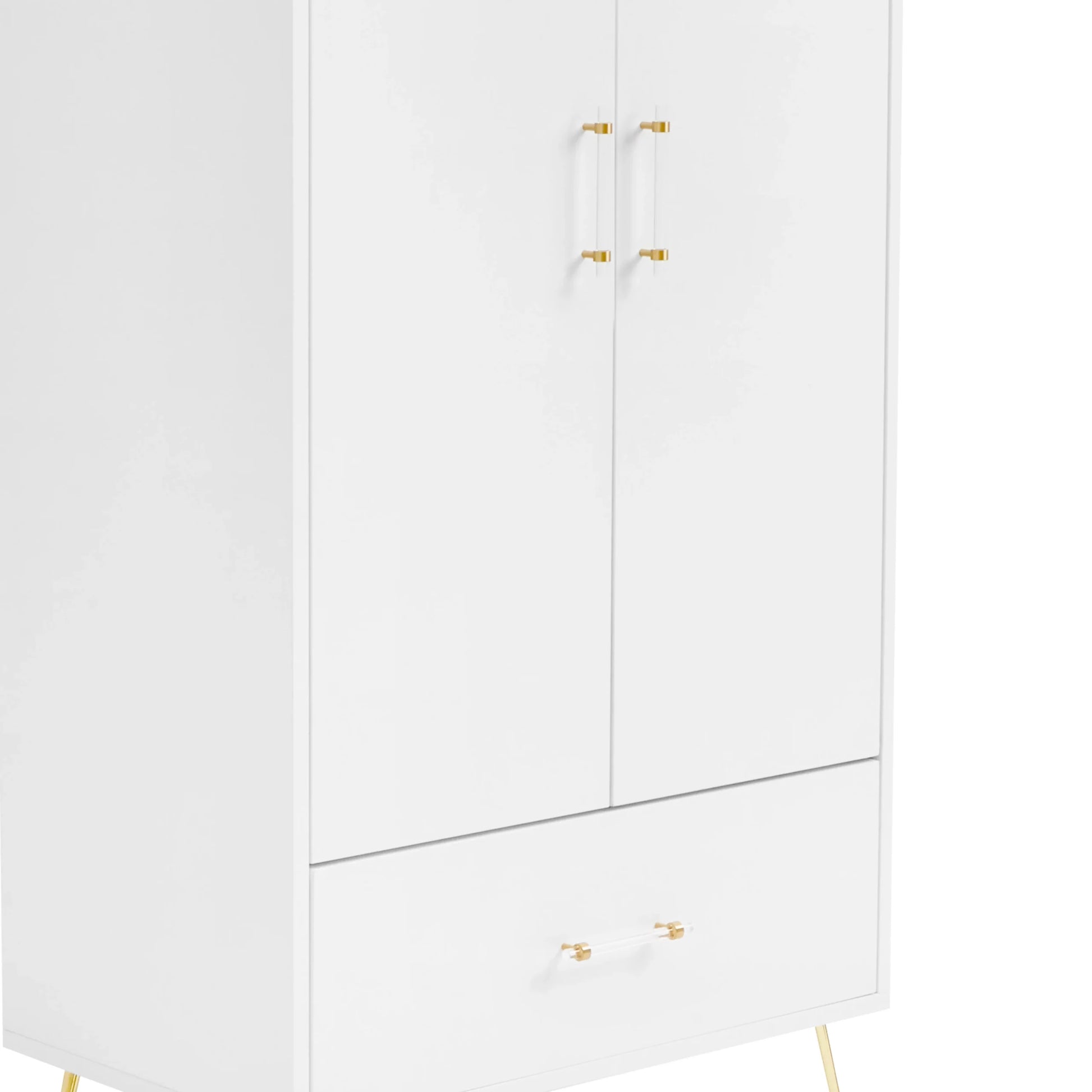 White cabinet with gold handles on a white background