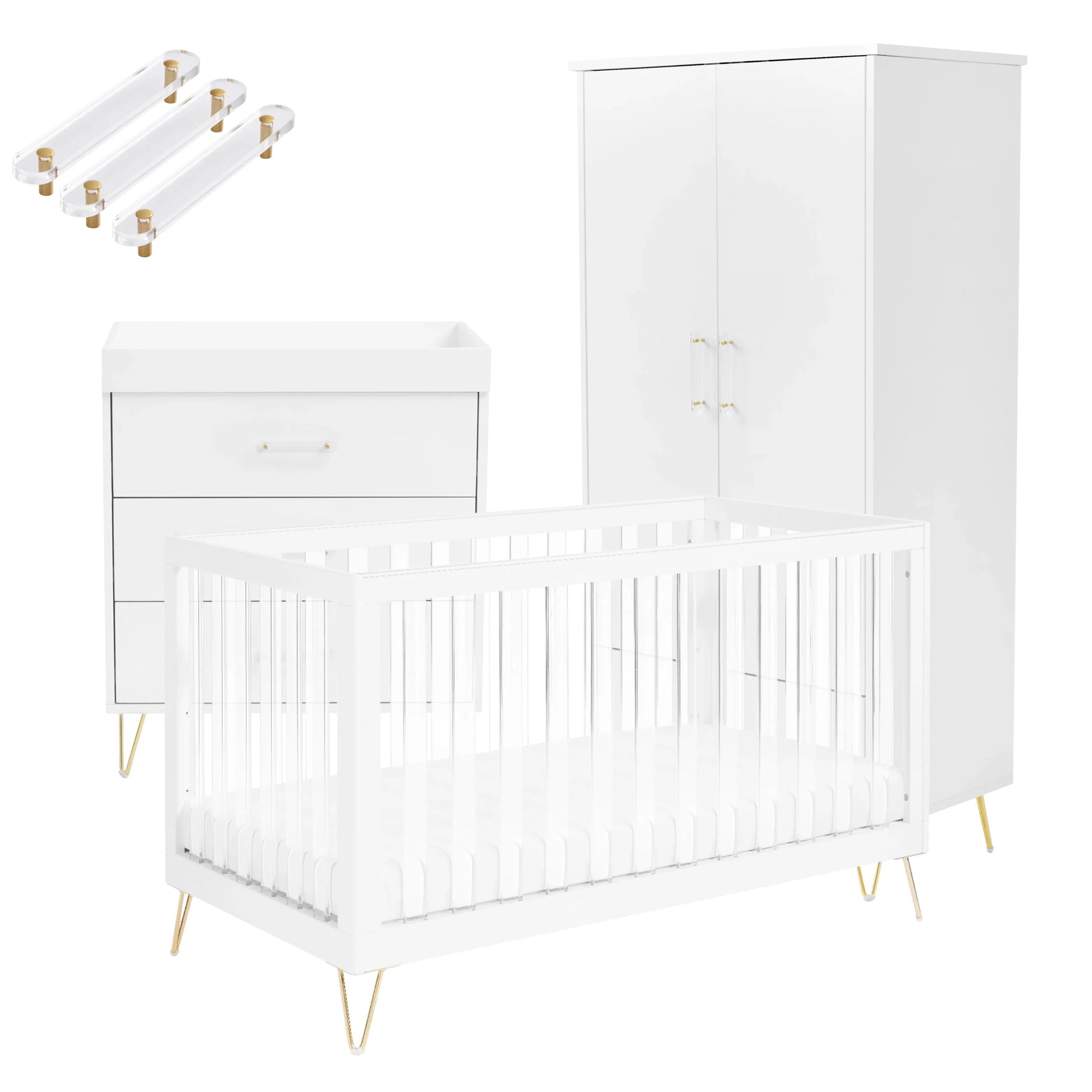 White crib with gold legs and matching changing table on a white background
