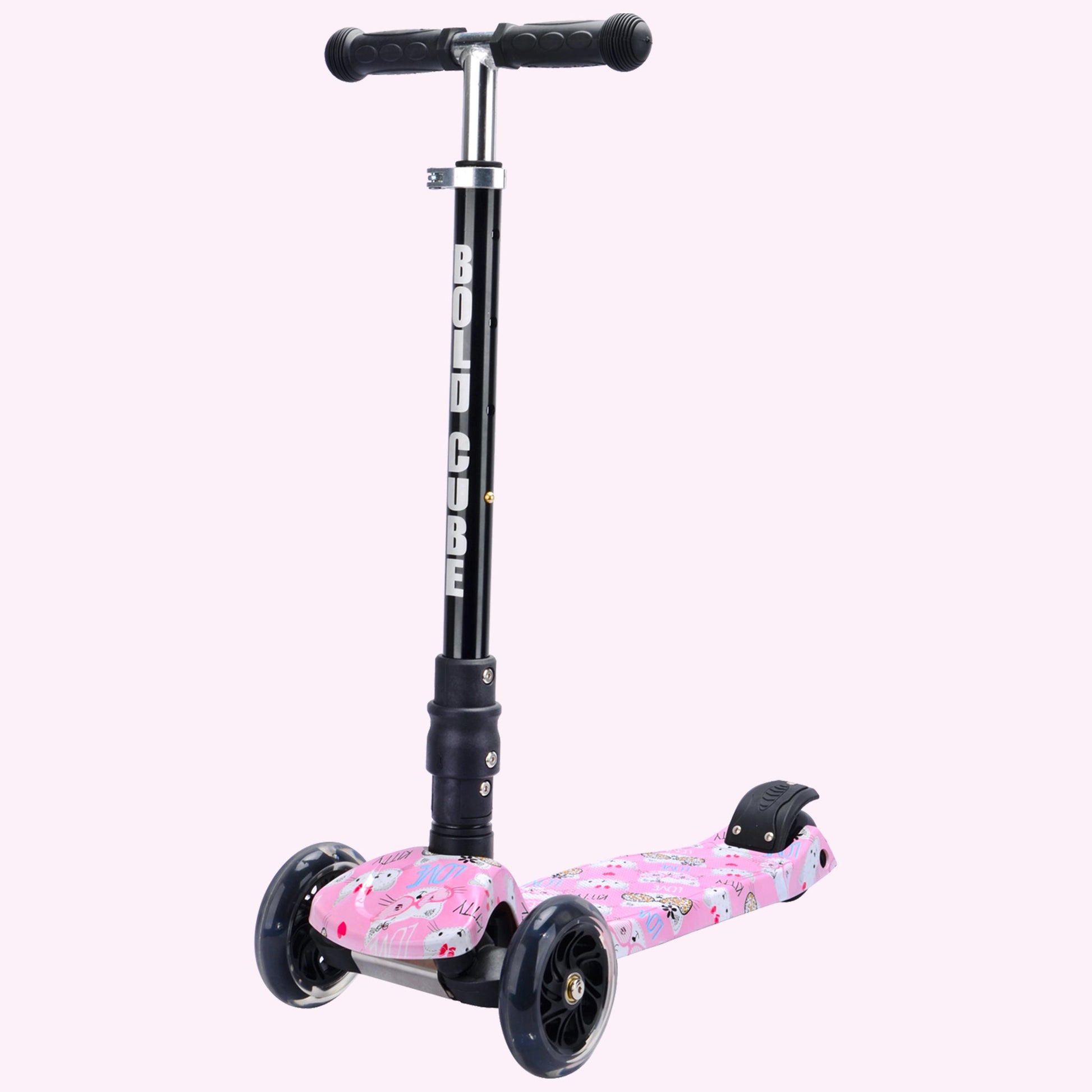 Pink scooter with floral design on wheels on a white background